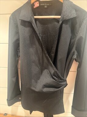 NWOT Lafayette 148 New York Black Pinstripe Wrap Blouse Size 14